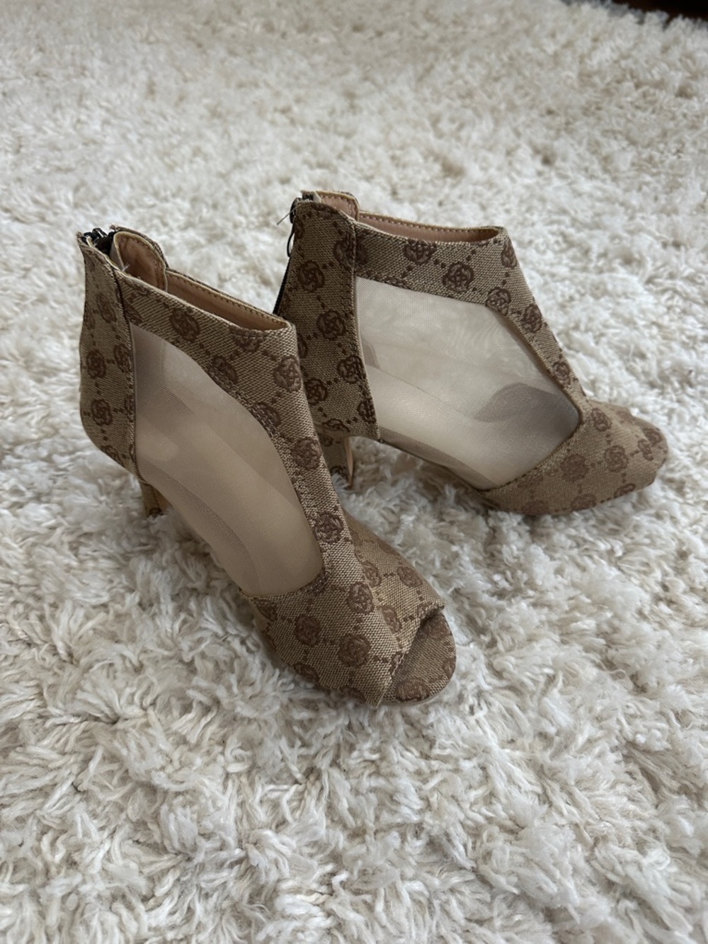 Y2K Avant-Garde Women's Brown Patterned Mesh & Canvas Peep-Toe Heels, Sz 36